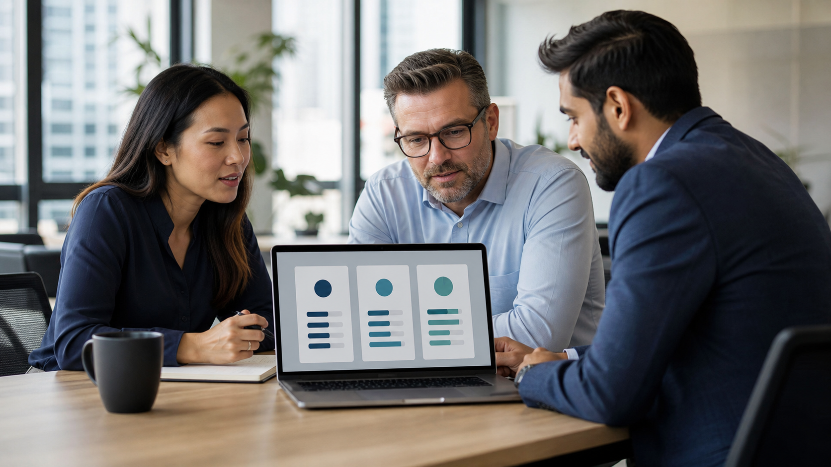 Three business professionals reviewing an IT service comparison on a laptop.