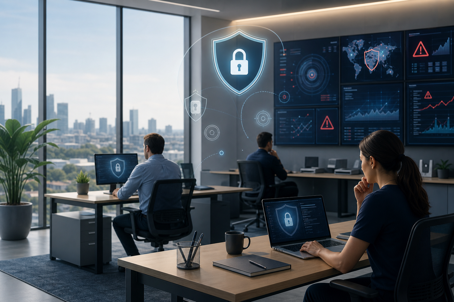 An Australian small business office with digital shields and warning icons representing AI-enhanced cyber attacks, alongside security monitoring screens.