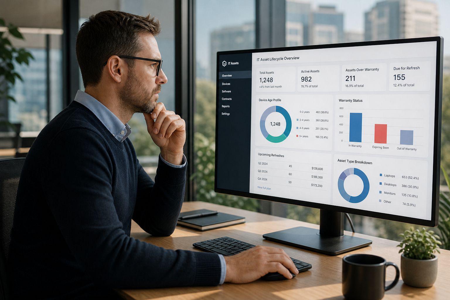 An Adelaide IT manager reviewing an IT asset lifecycle dashboard showing device age, warranty status and refresh plans in a modern office.