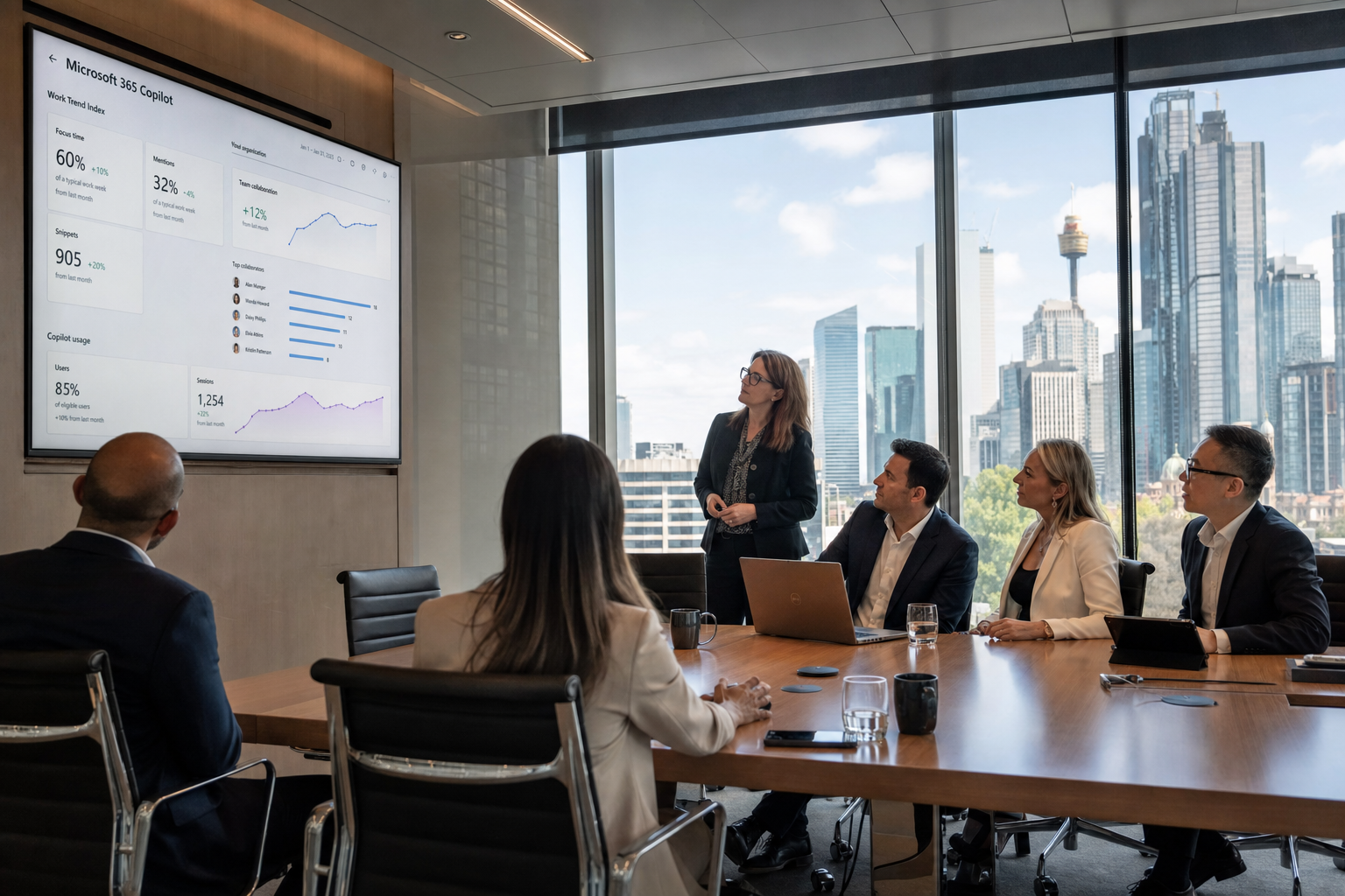 Australian IT and business leaders in a modern boardroom looking at Microsoft 365 Copilot dashboards on a large screen, with an Australian city skyline visible through the windows.