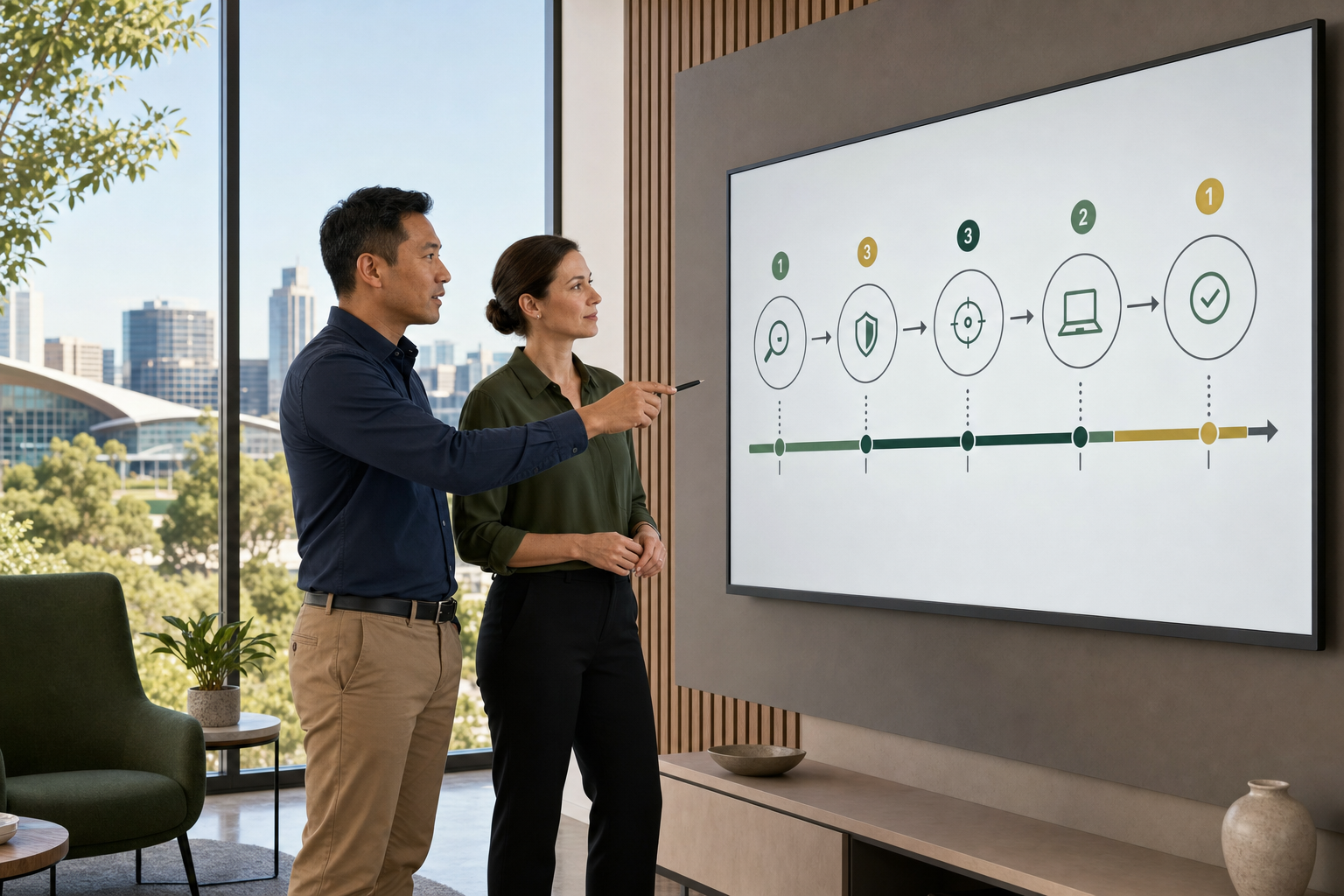 An Adelaide small business IT manager and security partner reviewing a cyber incident response playbook on a large screen in a modern office.
